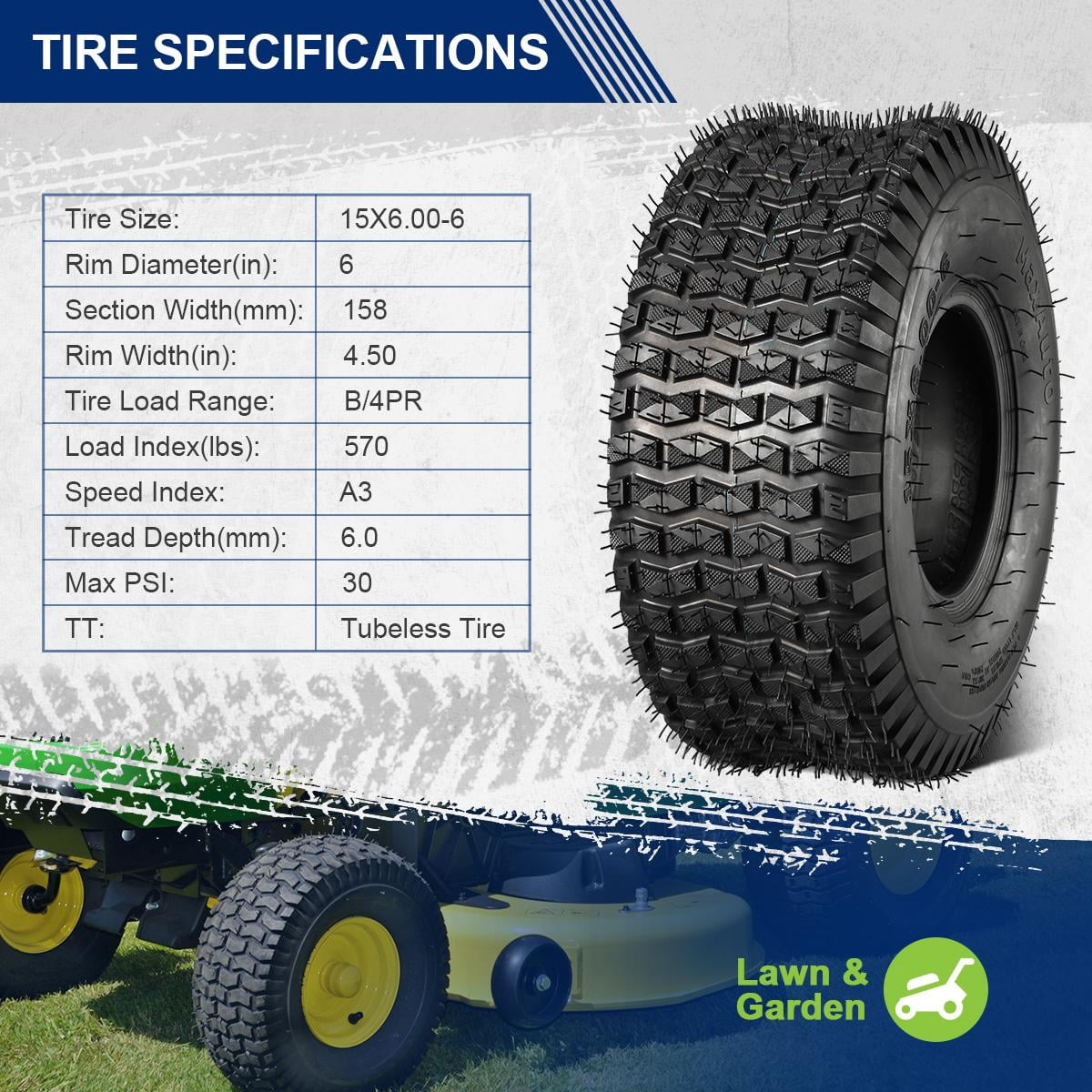 MaxAuto 15X6.00-6 15x6x6 Lawn Mower Tires 4PR, Tubeless, Set of 2