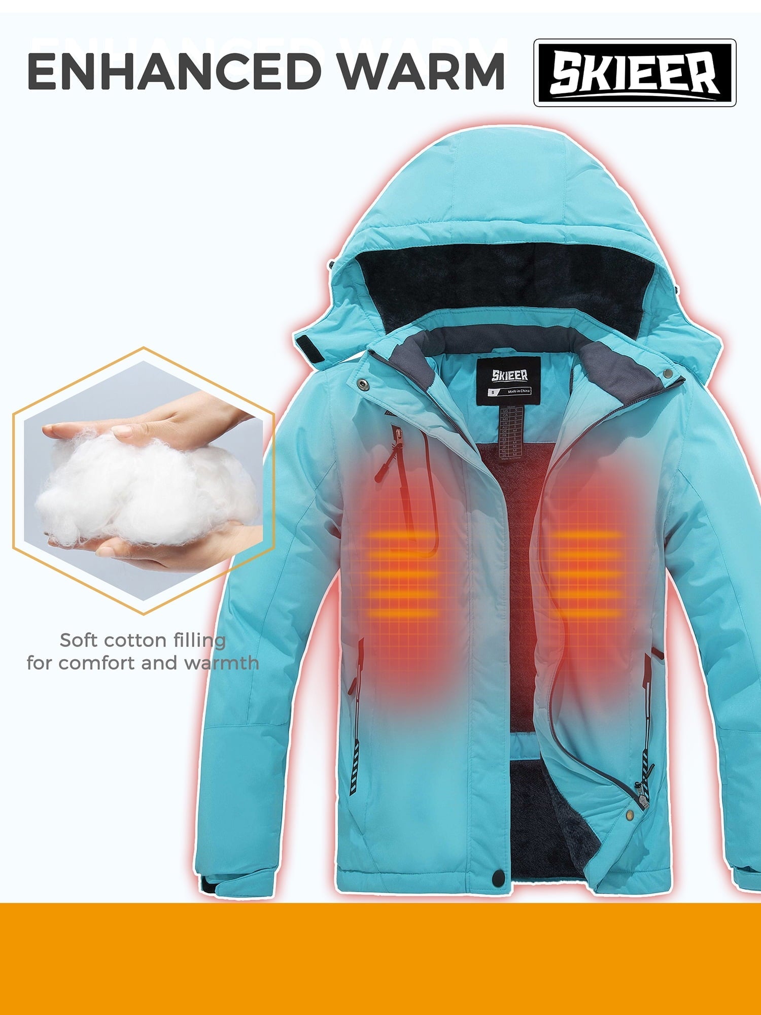 Skieer Women's Waterproof Ski Jacket Windproof Rain Jacket Winter Warm Hooded Coat Light Blue Small