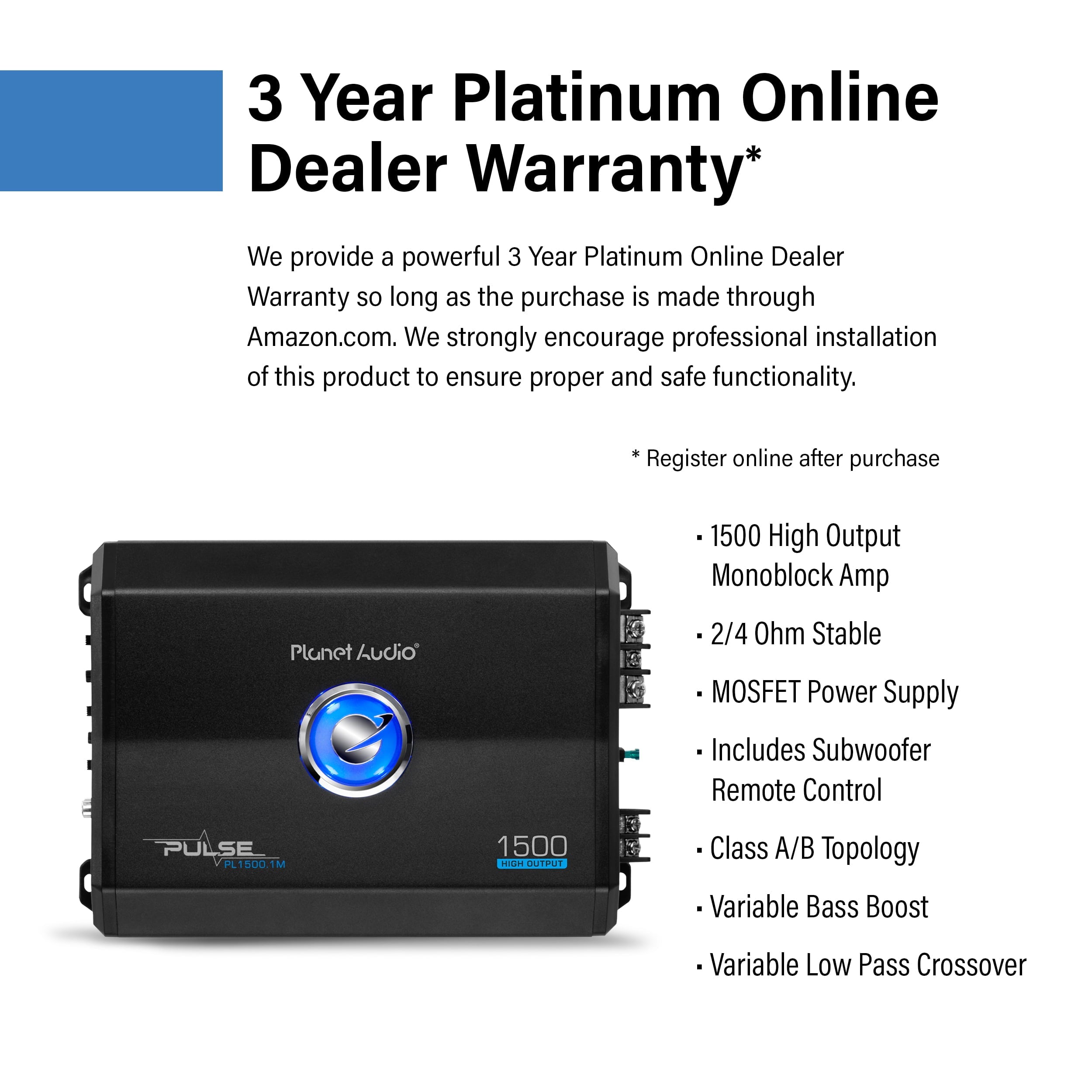 Restored Premium Planet Audio PL1500.1M Pulse Series Car Audio Amplifier (Refurbished)
