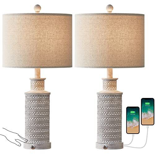 BOBOMOMO 3-Way Dimmable Touch Control Table Lamp Set of 2 with Dual USB Charging