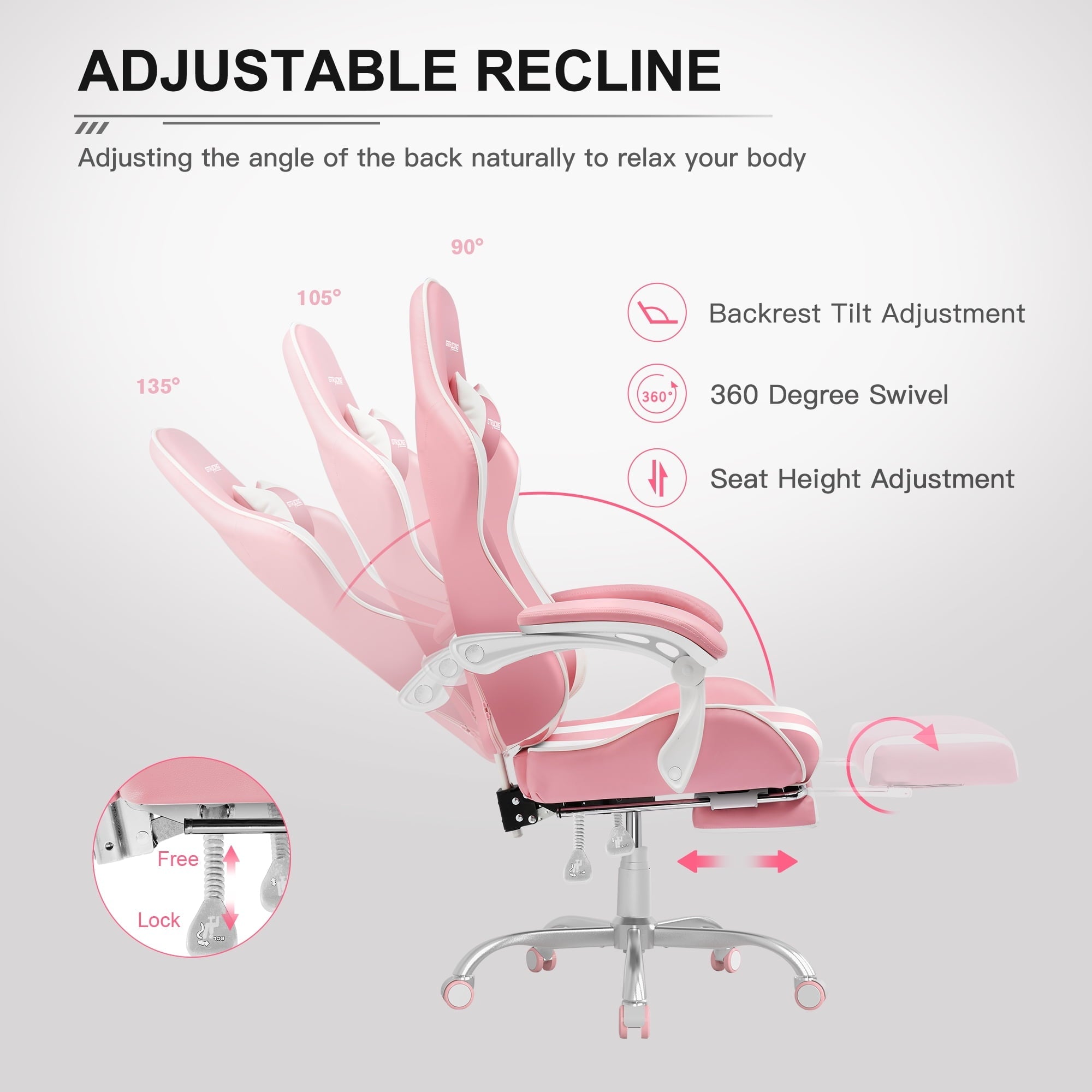 GTRACING Adjustable Height Reclining Office Gaming Chair with Footrest, Pink
