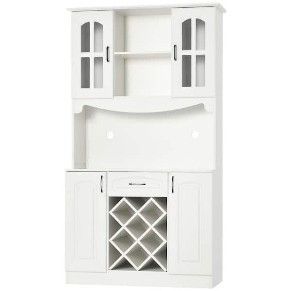 73 in. White Kitchen Pantry, Buffet with Hutch, Cupboard for Microwave, with Utility Drawer, 4-Door Cabinets