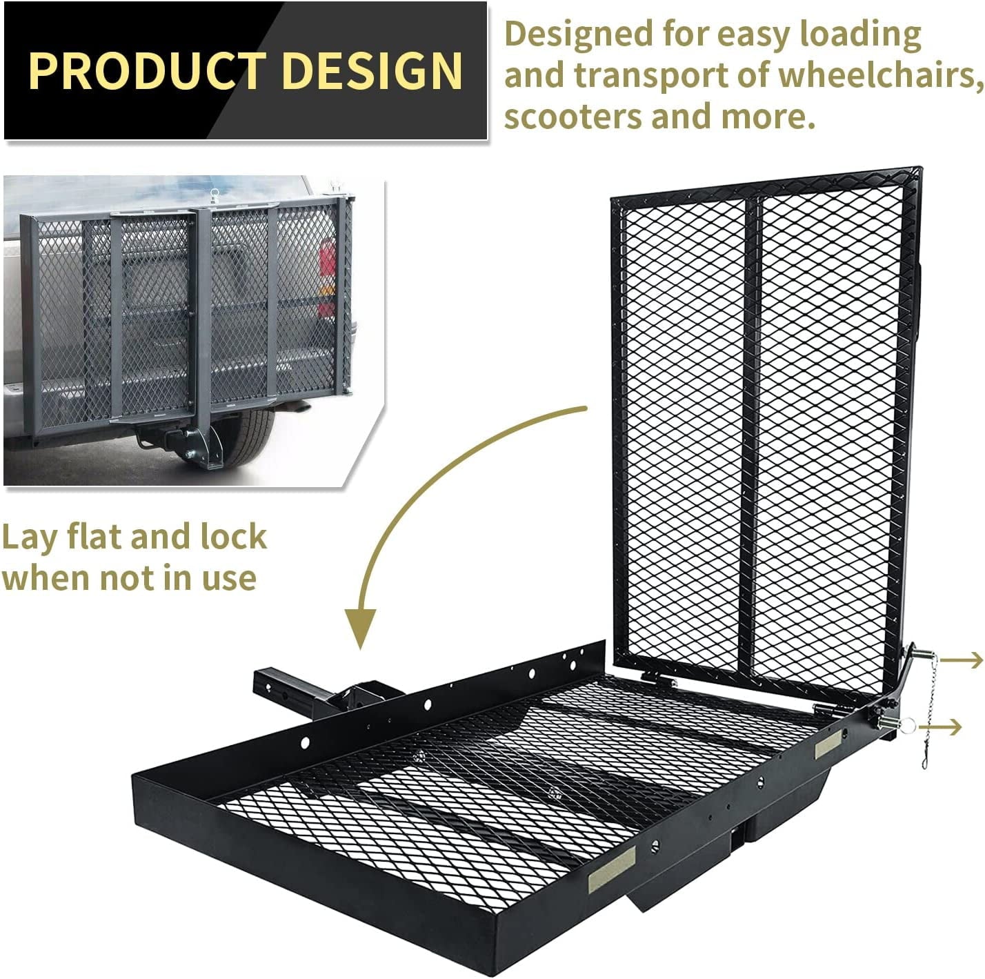 HECASA 500lbs Carrier Hitch Mounted Cargo Folding Scooter and Wheelchair Carrier Mobility Rack with Loading Ramp