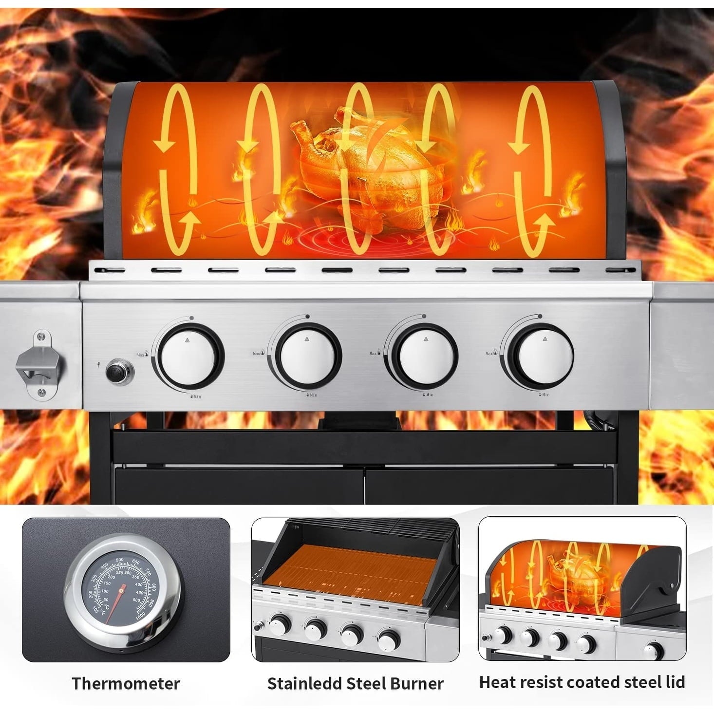 Erommy  3+1/ 4+1 Burner BBQ Propane Gas Grill, 24,000/ 36,000 BTU Stainless Steel Patio Barbecue Grill with Stove and Side Table 3+1 burner