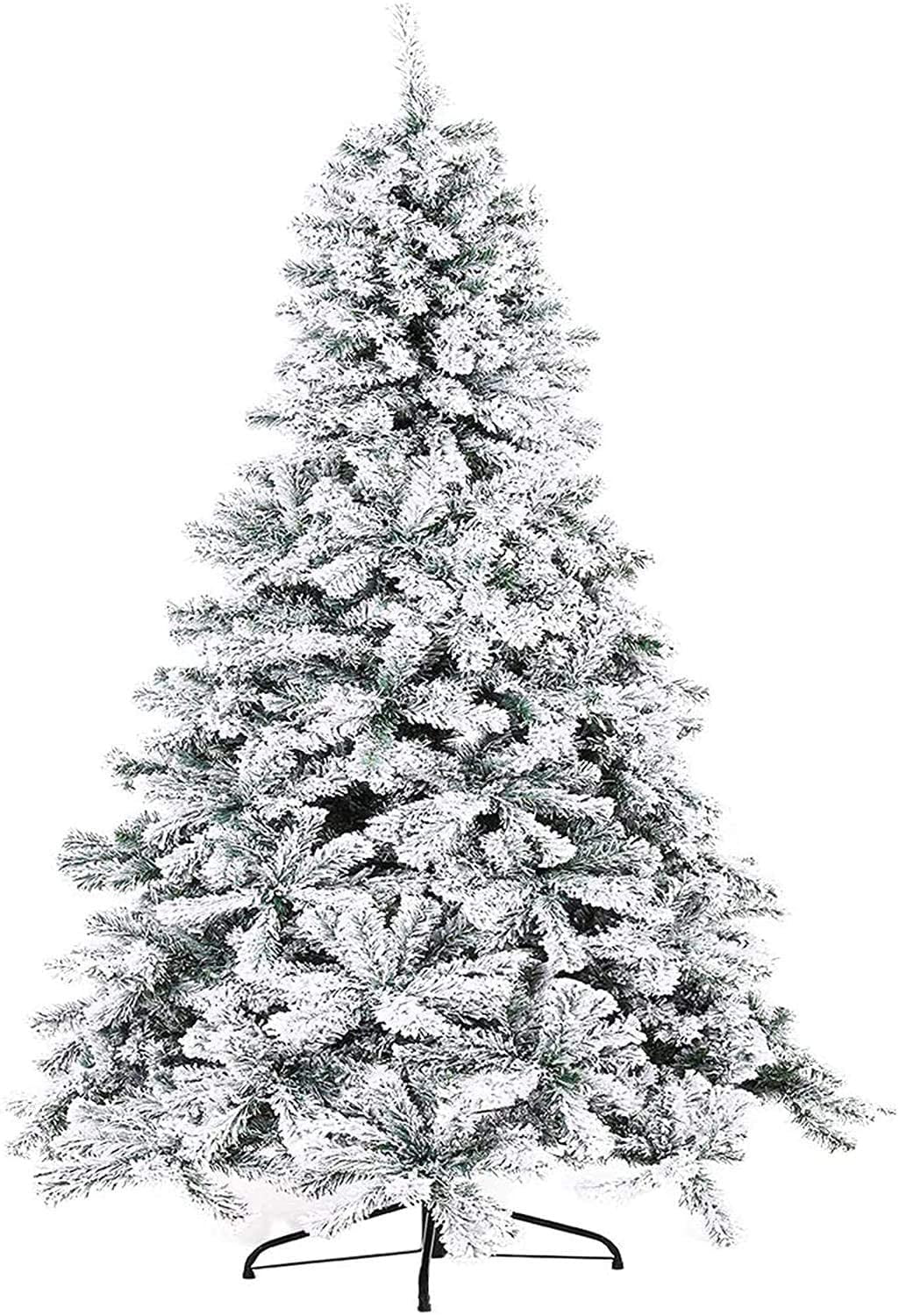 SOLAURA 7 ft Snow Flocked Christmas Tree Artificial Hinged Unlit Xmas Tree with 1000 Branch Tips