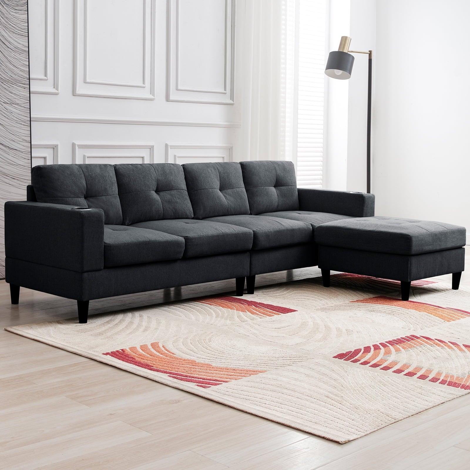 Mjkone Reversible Sectional Sofa, 4 Seat L-Shape Sofa Couches for Living Room, Convertible Sectional Couch with Reversible Chaise, Modular Sectional Couch with 2 Cup Holders for Apartment, Dark Grey