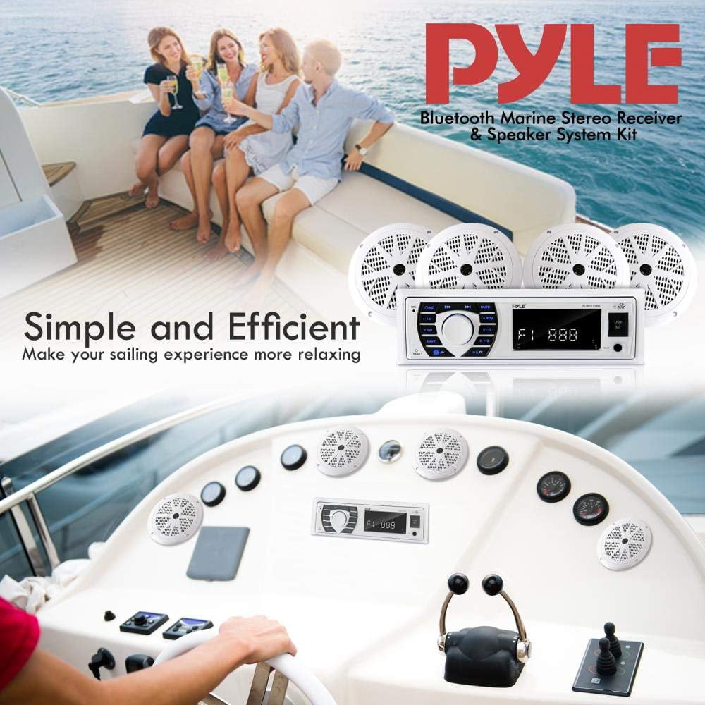 Pyle Marine Radio Receiver Speaker Set 12v Single Din Style Bluetooth Waterproof Digital Boat White