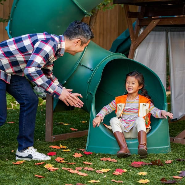 Ranger Retreat Wooden Swing Set/Playset with Tent, Tube Slide and 3-Swings