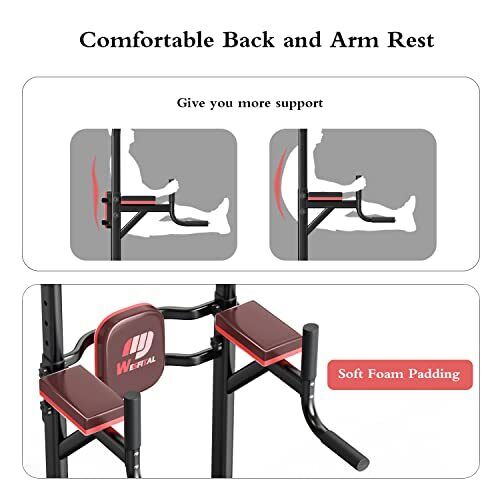 Power Tower Dip Station, Pull Up Bar Stand Height Adjustable Black&Red