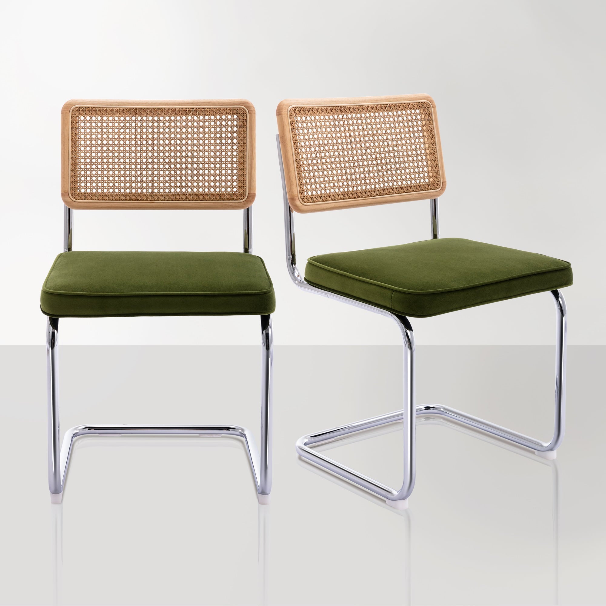 Zesthouse Rattan Dining Chairs Set of 2, Velvet Upholstered Side Chairs with Cane Back and Chrome Legs, Mid-Century Modern Dining Living Room Kitchen Chairs, Green