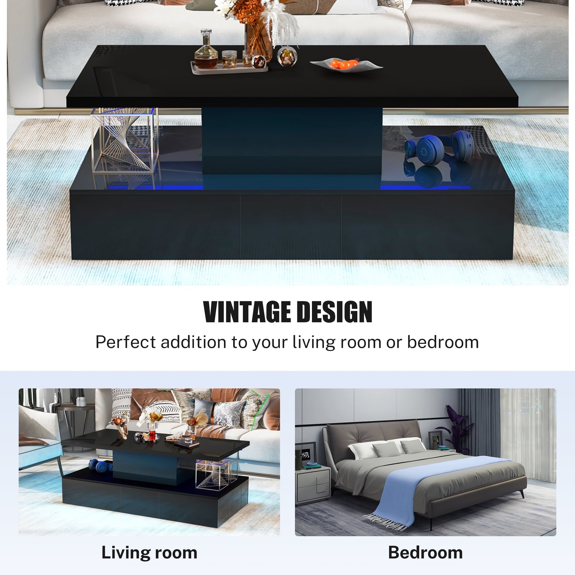 HSUNNS Black LED Coffee Table for Living Room, Modern High Glossy Center Table with 4 Drawers, Smart Cocktail Table Rectangle, Sofa Side Tea Tables with LED Lights, 40