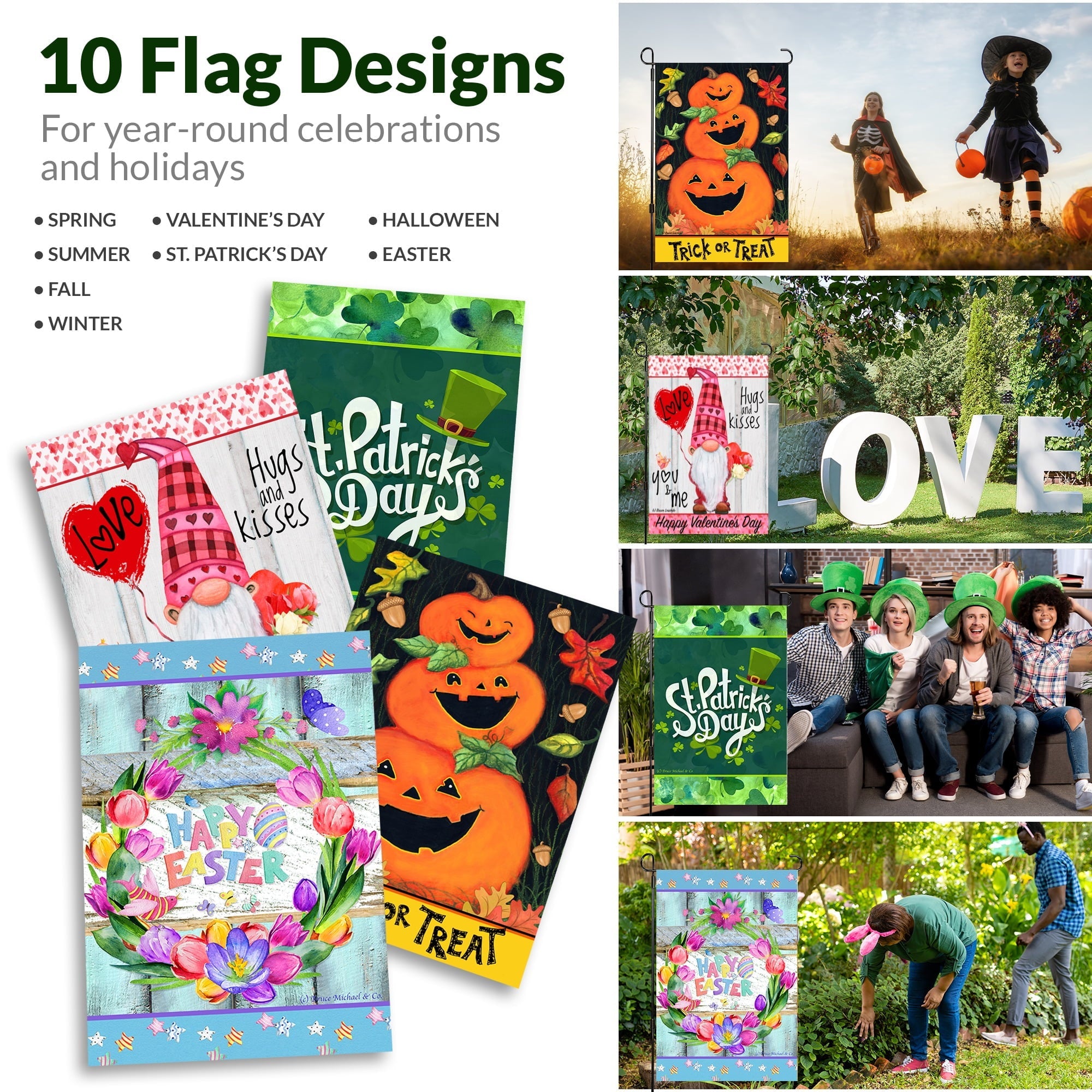 Garden Flags (Set of 10) Double Sided 12 x 18 inch Seasonal Flags with Anti-Wind Clip Stopper