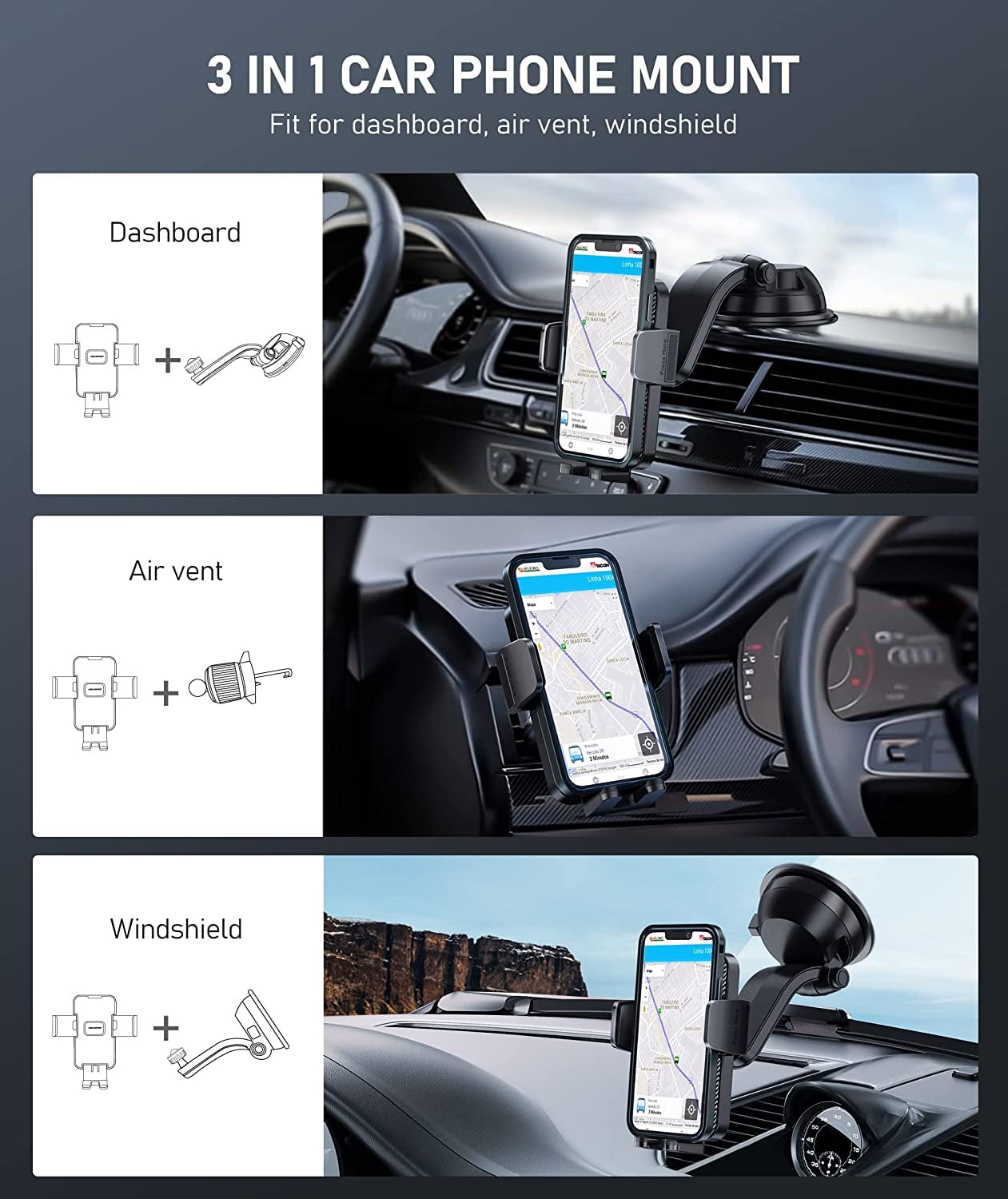 ABLEGRID Car Phone Mount, [Bumpy Roads Friendly] Powerful Suction Cup Phone Holder for Car Dashboard Windshield Air Vent Hands Free Clip Cell Phone Holder Compatible with All Mobile Phones