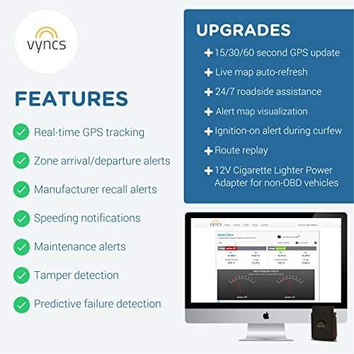 GPS Tracker Vyncs No Monthly Fee OBD, Real Time 3G Car GPS Tracking Trips Free 1