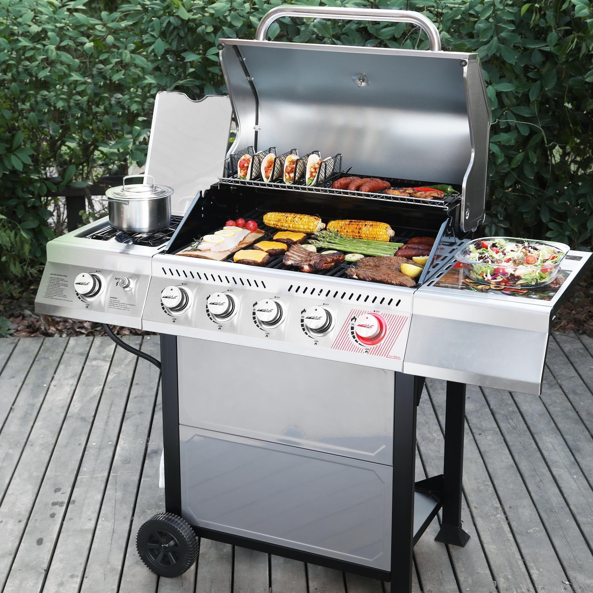 Gourmet GA5401T 5-Burner BBQ Liquid Gas Grill with Sear Burner and Side Burner, 64,000 BTU