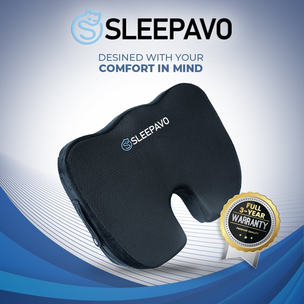 Sleepavo Seat Cushion - Office Chair Cushion for Sciatica Pain Relief, Seat Cushion for Tailbone Pain Relief - Back Support Pillow - Seat Cushion for Car (Black)