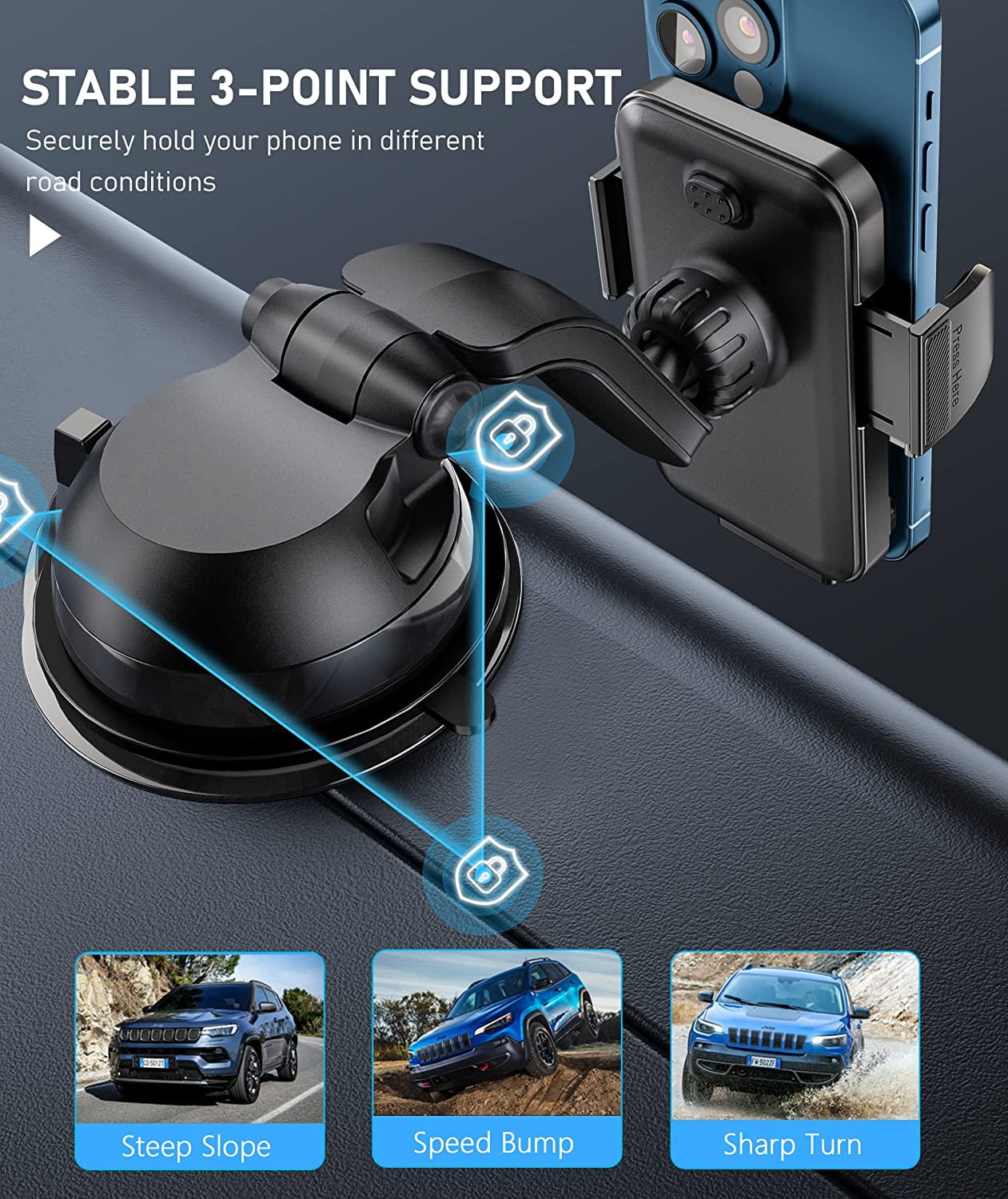 ABLEGRID Car Phone Mount, [Bumpy Roads Friendly] Powerful Suction Cup Phone Holder for Car Dashboard Windshield Air Vent Hands Free Clip Cell Phone Holder Compatible with All Mobile Phones