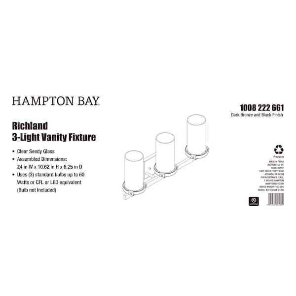 Richland 24 in. W 3-Light Dark Bronze Vanity Light Clear Seedy Glass