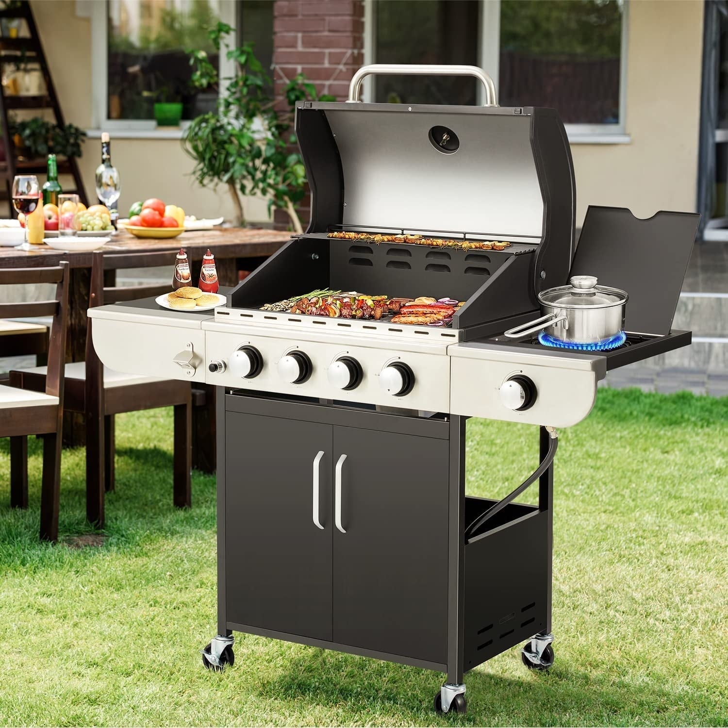 Erommy  3+1/ 4+1 Burner BBQ Propane Gas Grill, 24,000/ 36,000 BTU Stainless Steel Patio Barbecue Grill with Stove and Side Table 3+1 burner
