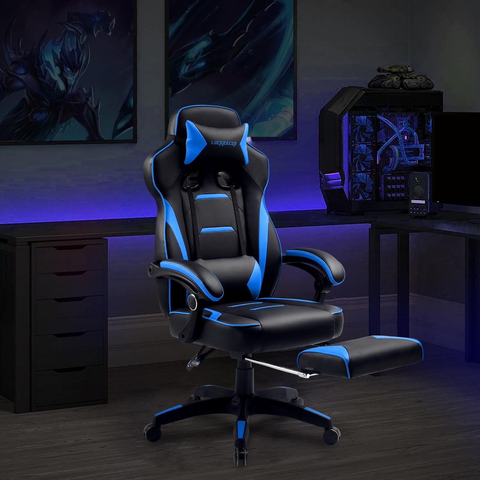 Luckracer Gaming Chair in Home with Footrest PU Office PC Chair, Blue