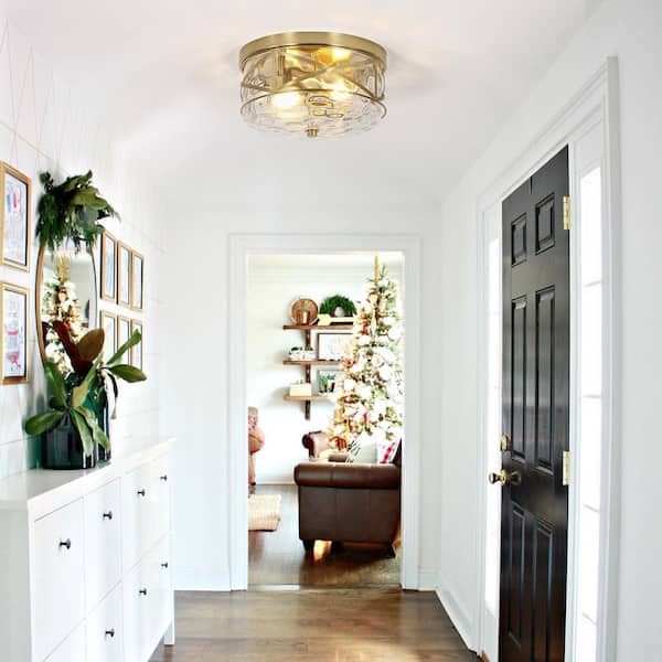 12 in. 2-Light Brass Gold Flush Mount Water Ripple Glass Ceiling Light with Metal Frame