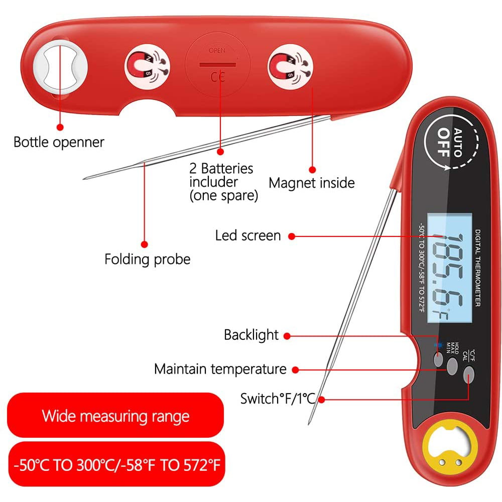 Meidong Digital Instant Read Meat Thermometer with Long Probe -Kitchen Cooking Thermometer for Food Cooking Grilling BBQ Smoker Grill Kitchen Oil Candy Thermometer with Whisk (Battery Not Included)