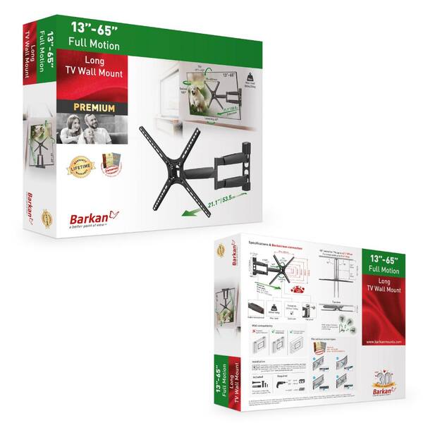 Barkan 13 in. to 65 in. Full Motion 4-Movement Long Flat/Curved TV Wall Mount Black Patented Touch and Tilt
