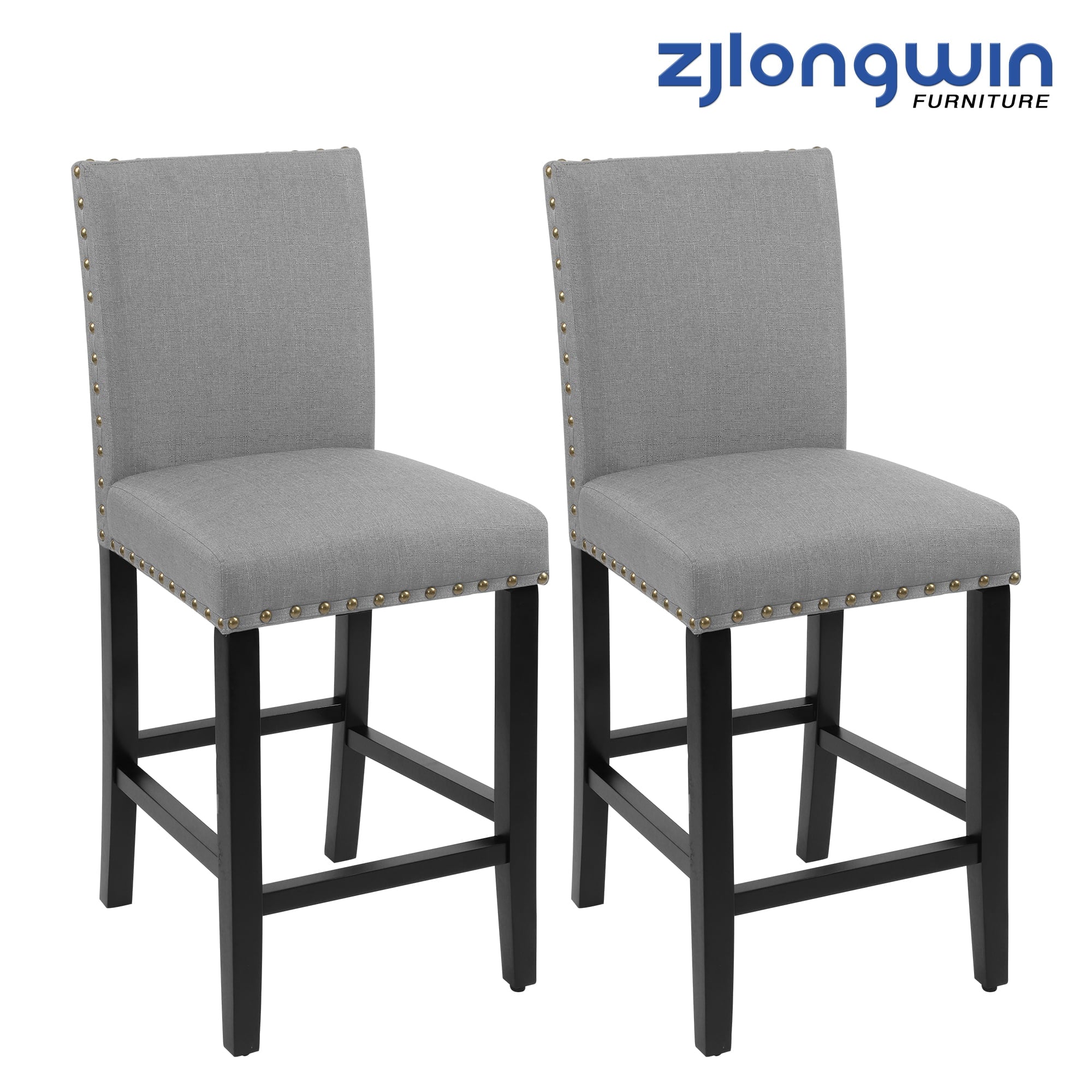 Counter Height Fabric Upholstered Wooden Chairs Barstools with Nailhead Trim in Gray, Set of 2
