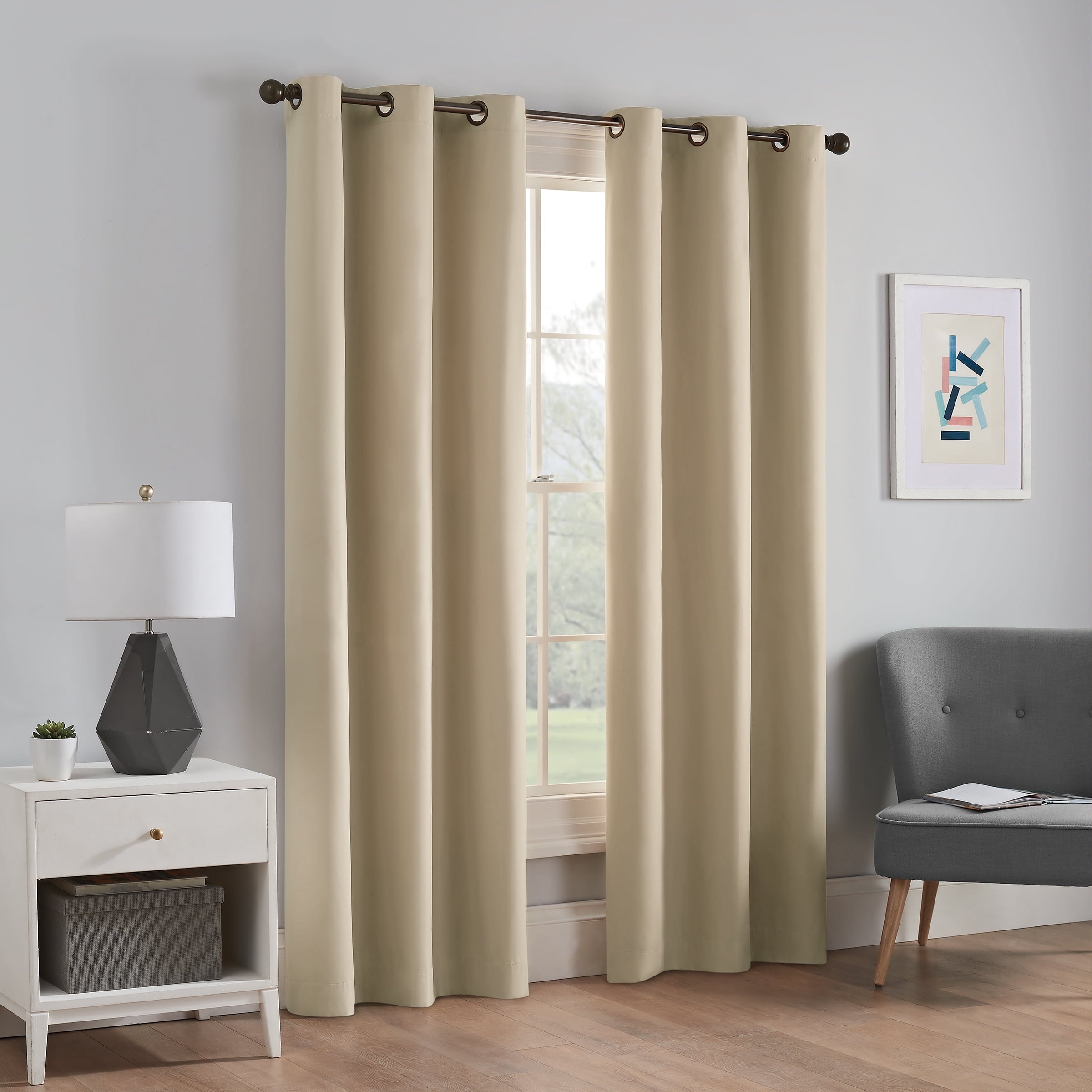 Eclipse Microfiber Energy-Efficient Solid Blackout Grommet Top Single Window Curtain Panel, Beige, 42 x 63