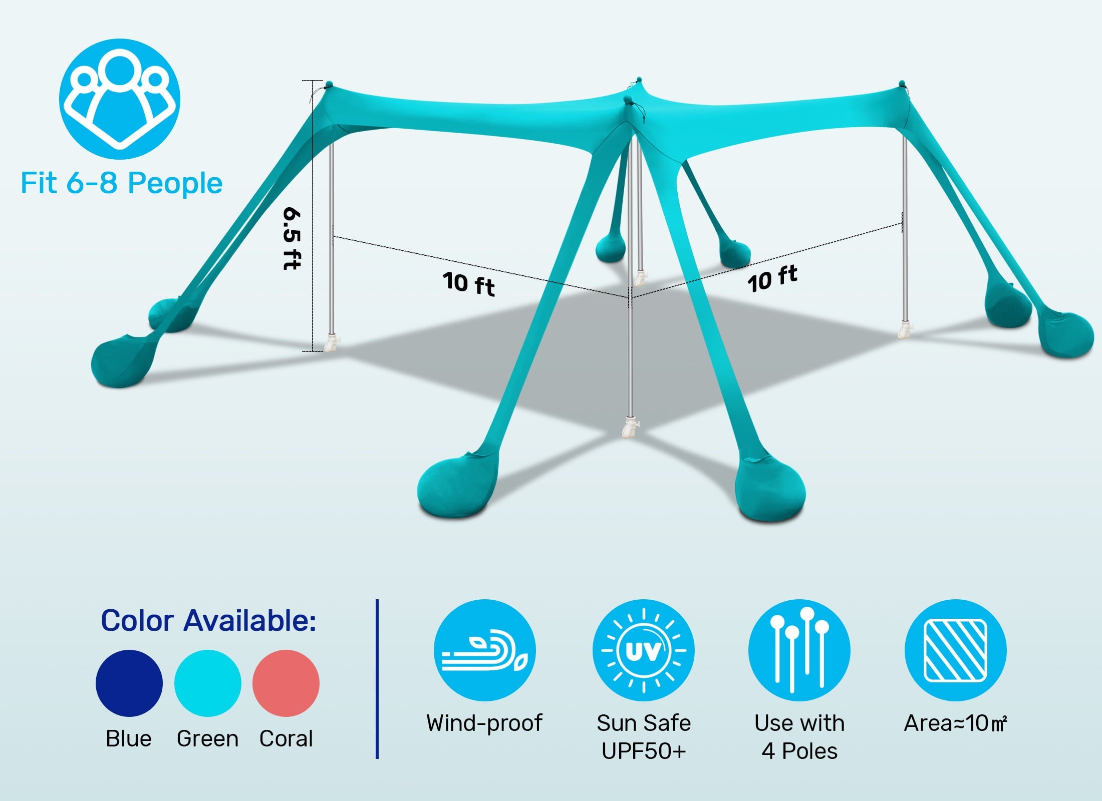 Beach Canopy Tent Sun Shelter, VECUKTY 10x10 Ft Camping Sun Shade for Beach  with UPF 50+ Protection,Turquoise