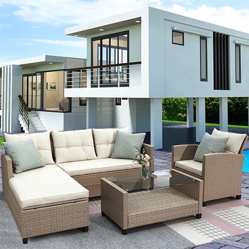 Rattan Patio Sofa Set, 4 Pieces Outdoor Sectional Furniture Set, All-Weather PE Rattan Wicker Patio Conversation Set, Cushioned Sofa Set with Glass Table & Pillows for Patio Garden Poolside Deck, B626