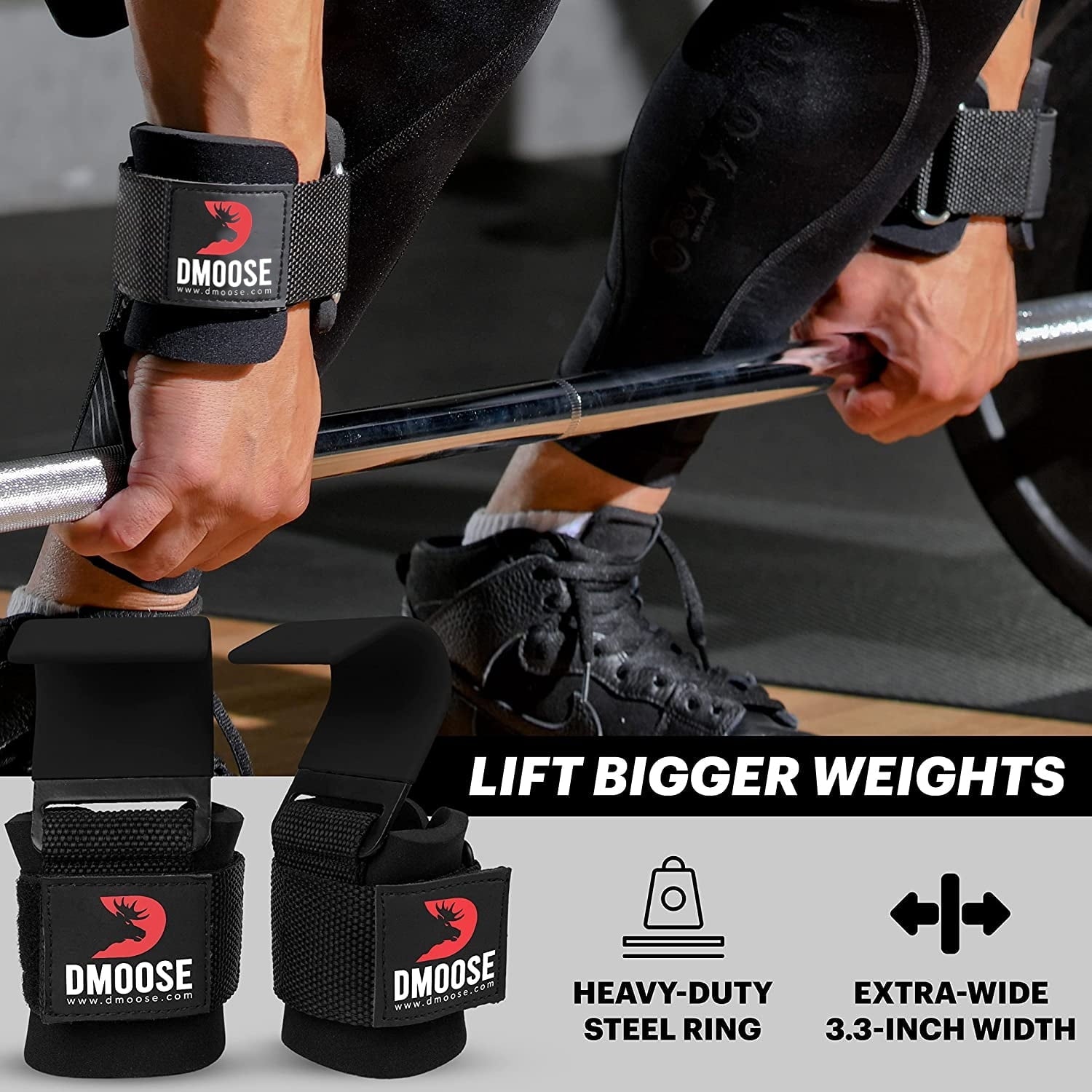 DMoose Fitness 8 mm Thick Padded Neoprene Double Stitching Weight Lifting Hooks Grip, Pair