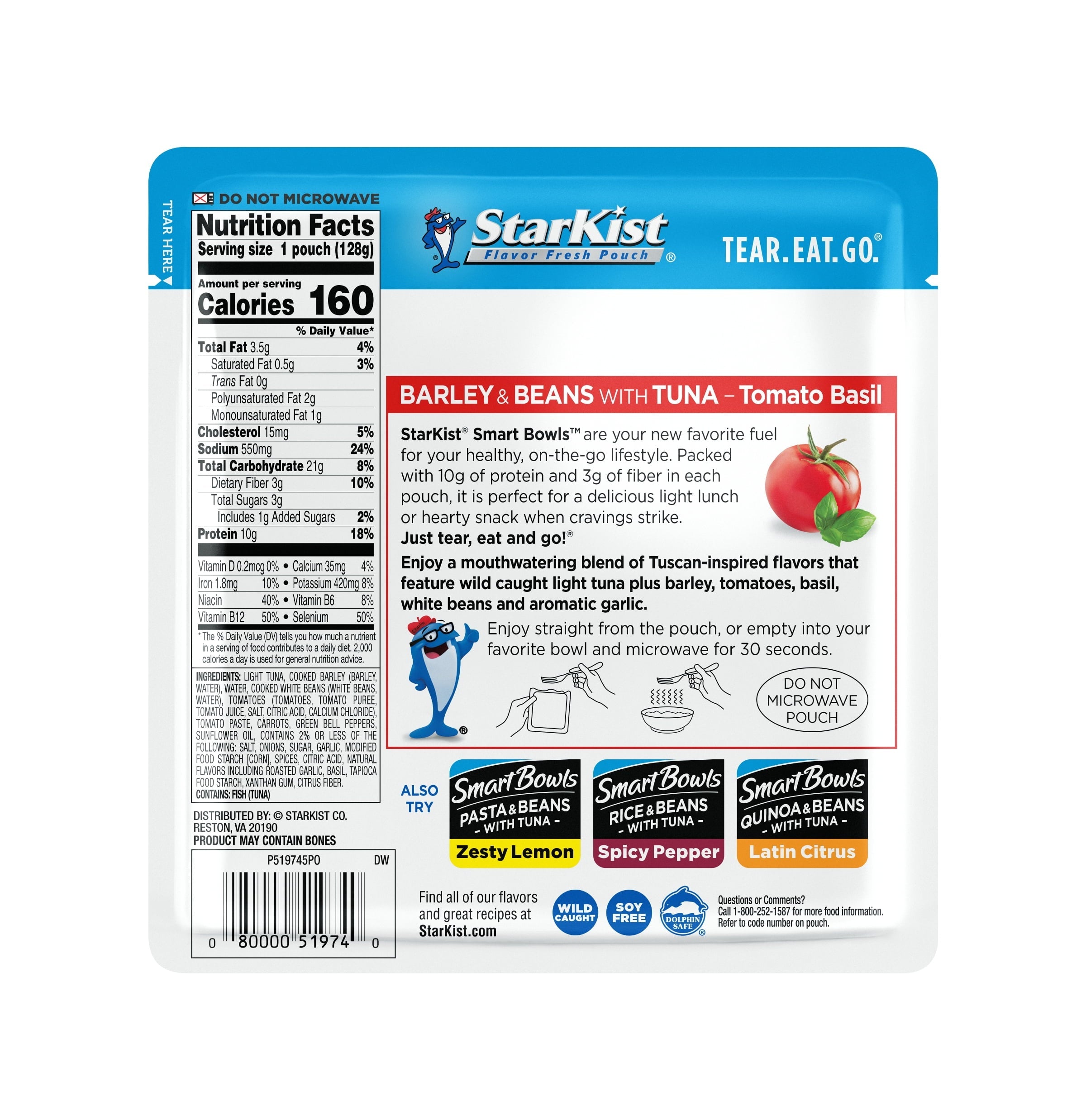 StarKist Smart Bowls Tuna, Barley and Beans, Tomato Basil, 4.5 oz Pouch