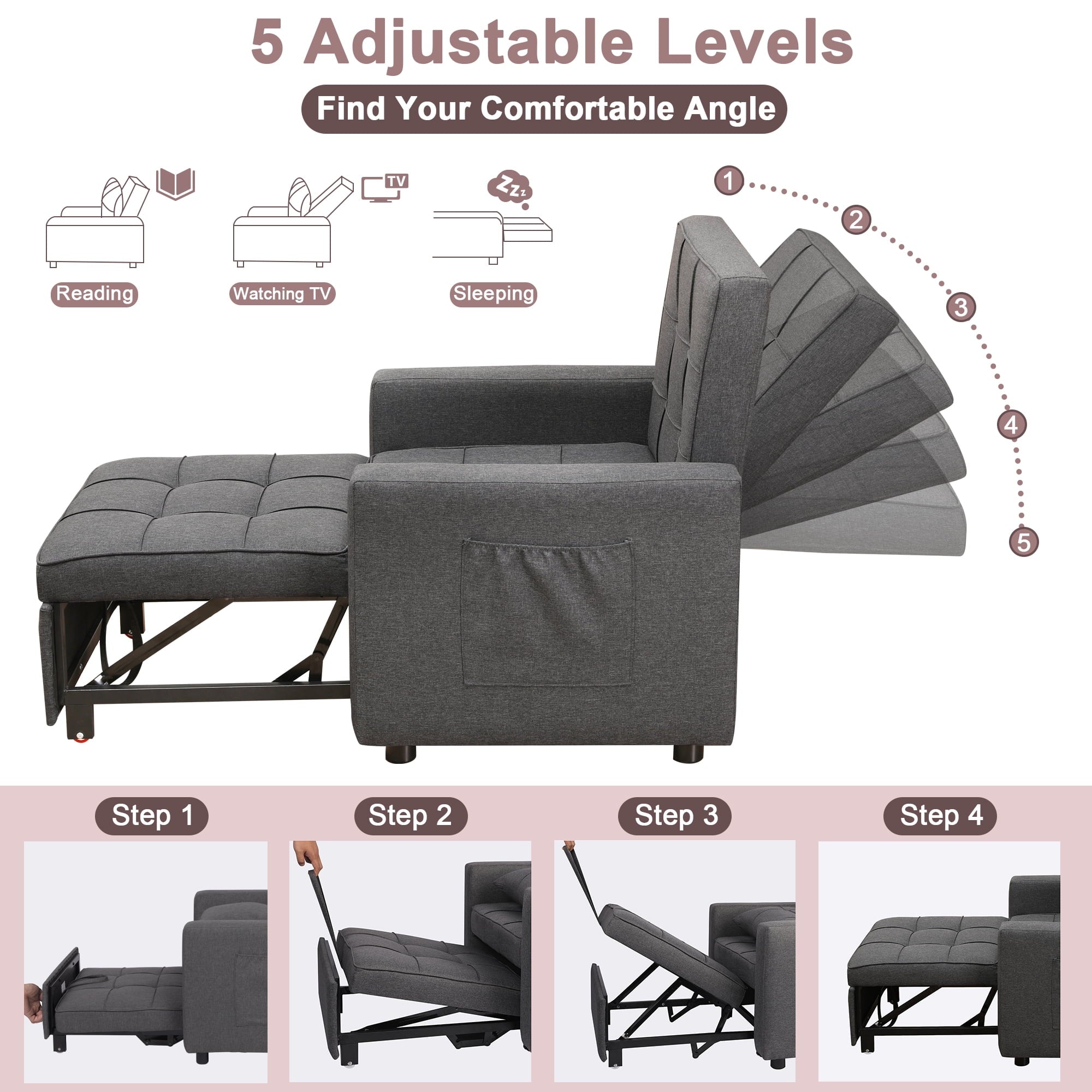 Tolead 3-in-1 Convertible Sofa Bed Sleeper Chair with Adjustable Backrest, Gray