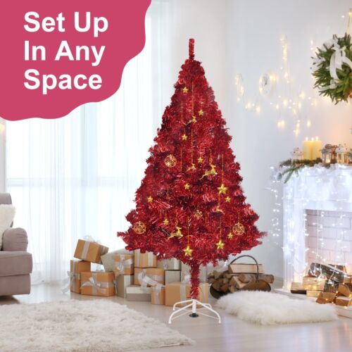 Fawyn 6' Ft Sparking Gorgeous Folding Artificial Tinsel Christmas Tree Red Color
