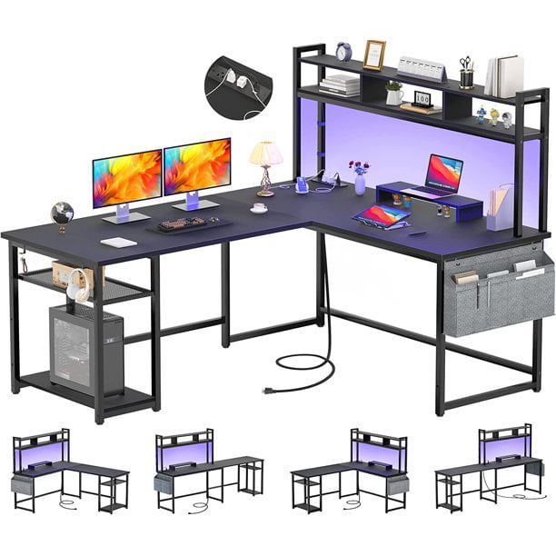 Homieasy L Shaped Desk with Power Outlet & USB Ports, 86.6'' Reversible L-Shaped Gaming Desk with Monitor Stand & LED Strip, 2 Person Corner Computer Desk with Hutch for Home Office, Grey Oak