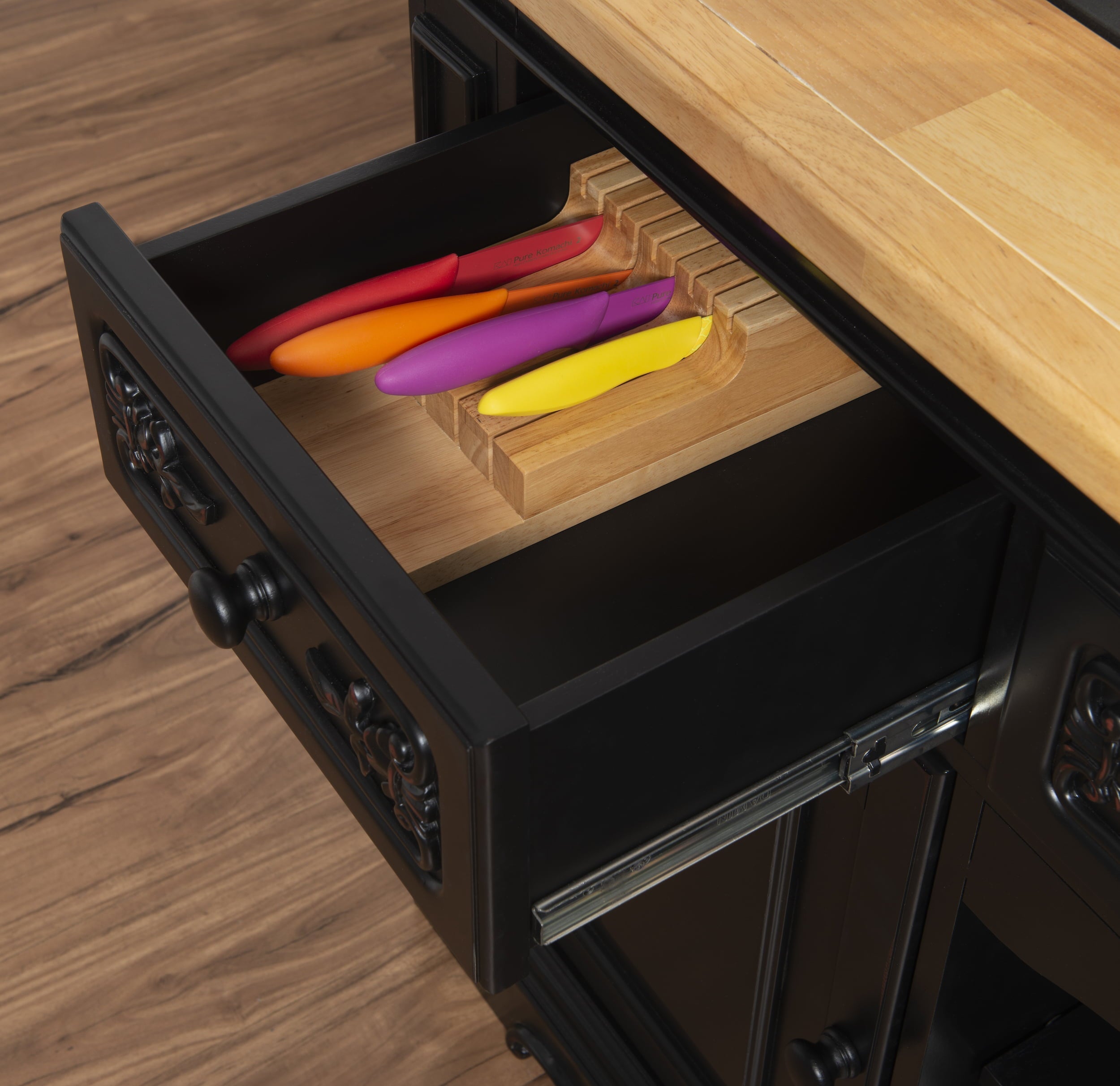 Pennfield Kitchen Island with Black Granite Removable Cutting Surface, Black and Natural