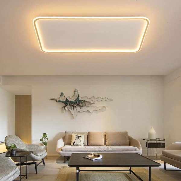 35.5 in. 1-Light White Modern Rectangular Shape Selectable LED Flush Mount Ceiling Light