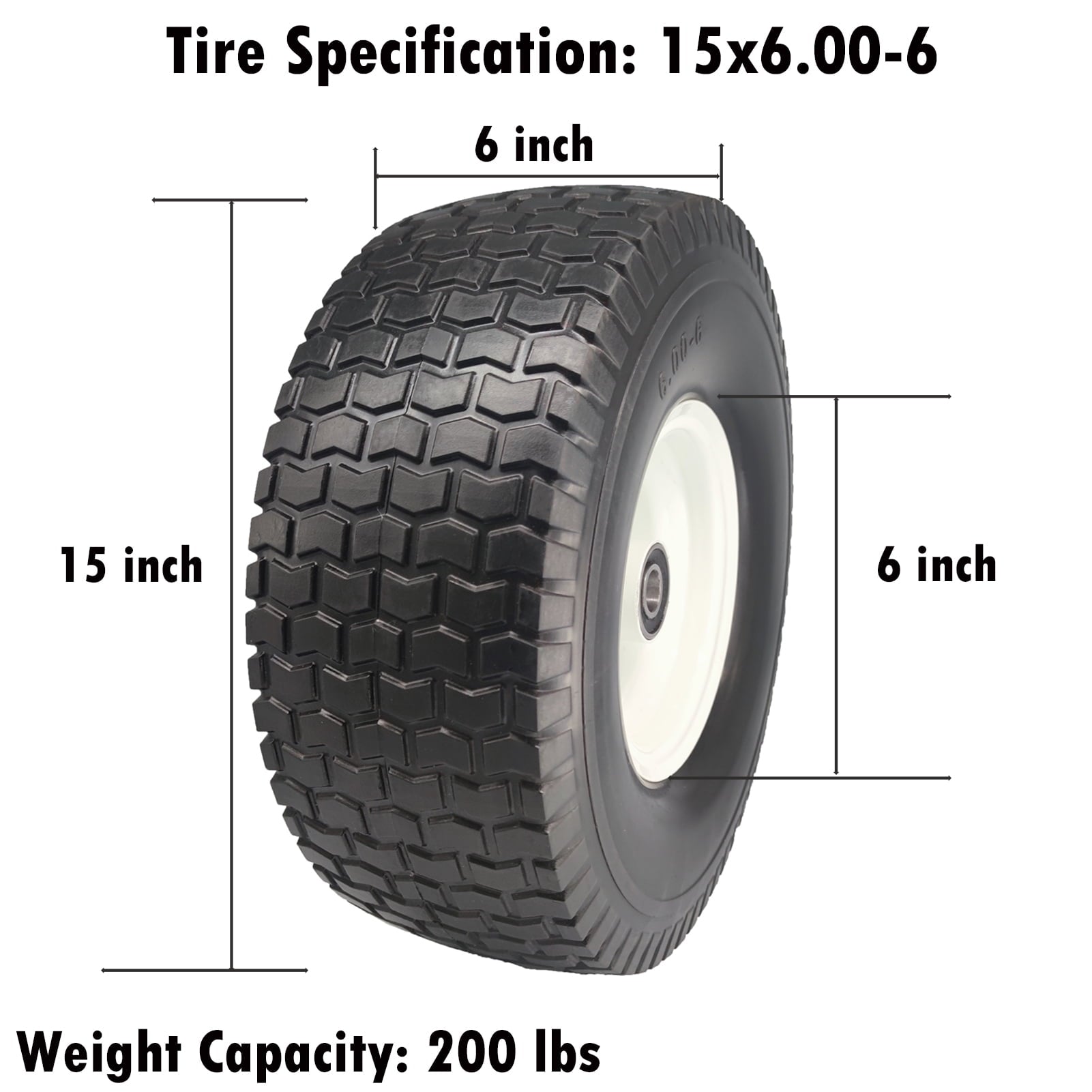 Flat Free Lawn Mower Tires 15x6.00-6 with 3/4 & 5/8 Bearings, 3