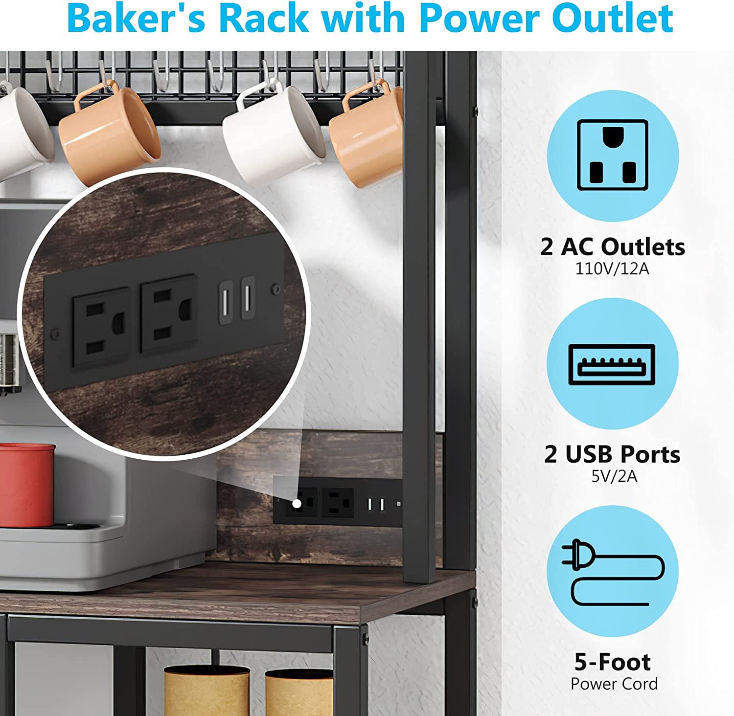 Bakers Rack with Power Outlet, 9-Tier Microwave Stand with Hutch, Kitchen Utility Storage Shelf with 8 S-Hooks, Industrial Coffee Bar Station for Living Room - Rustic Brown