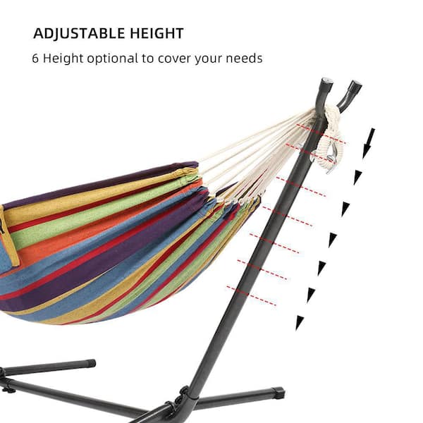 9 ft. 2-Person Hammock with Metal Heavy Duty Stand with Pillows and Cup Holder in Color Rainbow