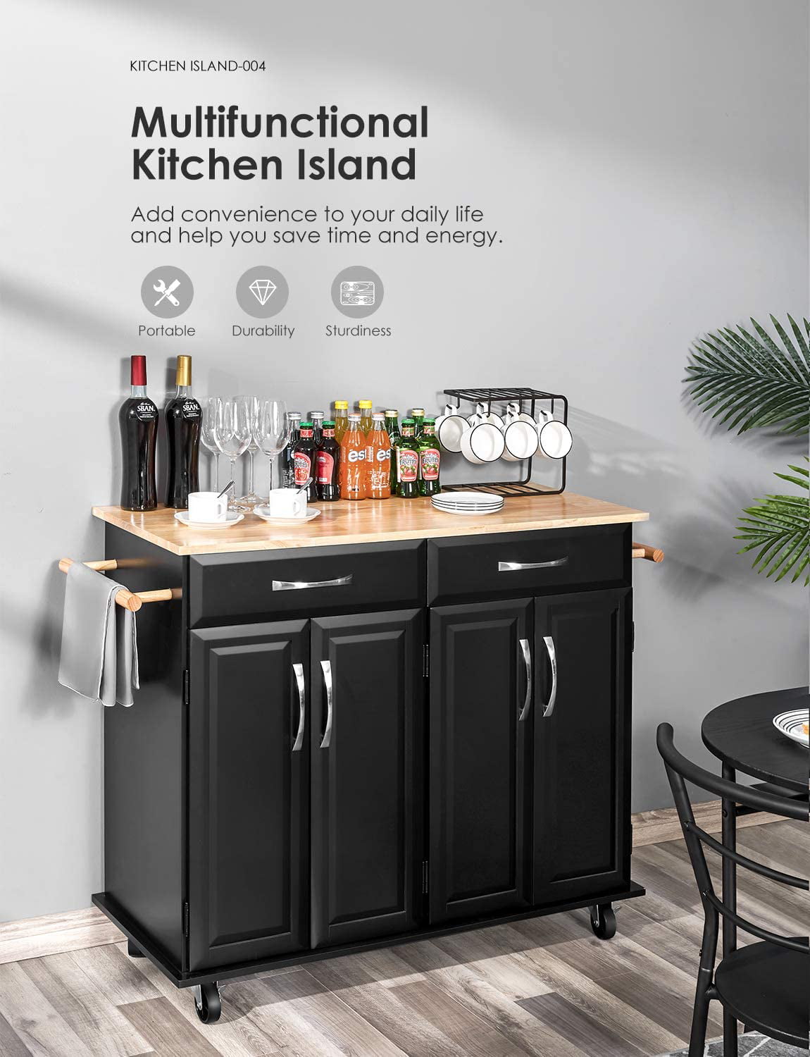Homfa Kitchen Island on Wheels, Rolling Island Cart with Lockable Casters, Handle Towel Rack and 2 Drawers, Black
