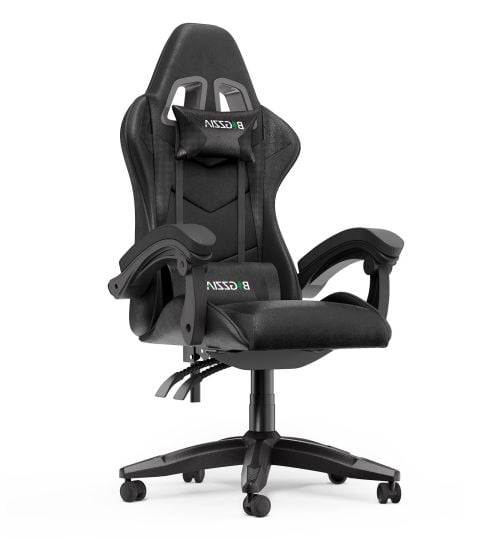 Bigzzia Gaming Chair Office Chair, Ergonomic Game Chair with Height Adjustable Headrest and Lumbar Support for Adults Teens, Black & White