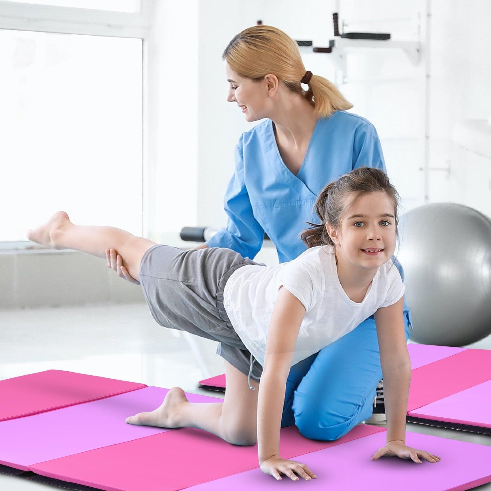 Ainfox 3'x6'x2’ Folding Exercise Mats, Gymnastics Tumbling Mats, Aerobics Stretching Yoga Mat, Pink and Purple