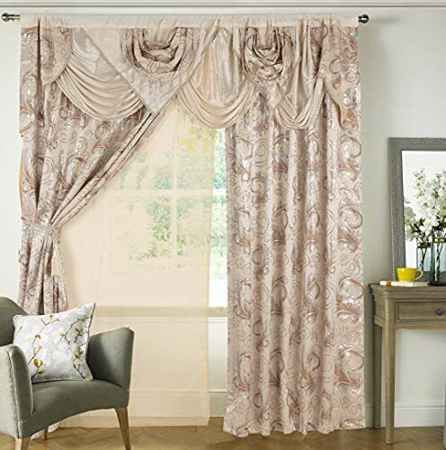 Luxury Window Panel Set Beige Curtain with Attached Valance and Backing Bedroom