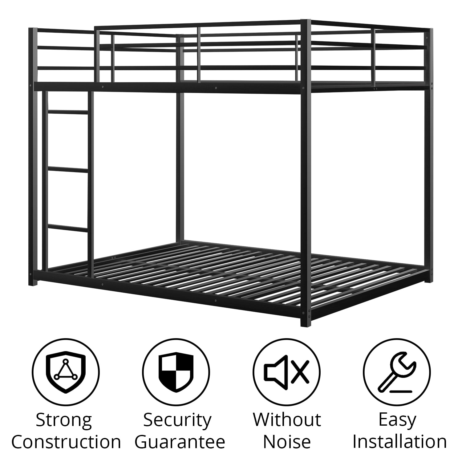 Full over Full Low Bunk Bed for Kids Teens Adults, Metal Bunk Bed Frame with Ladder and Safety Guardrails, Load-Bearing 350lb, Noise Free, Black 77.1''Lx55.9''Wx53.7''H