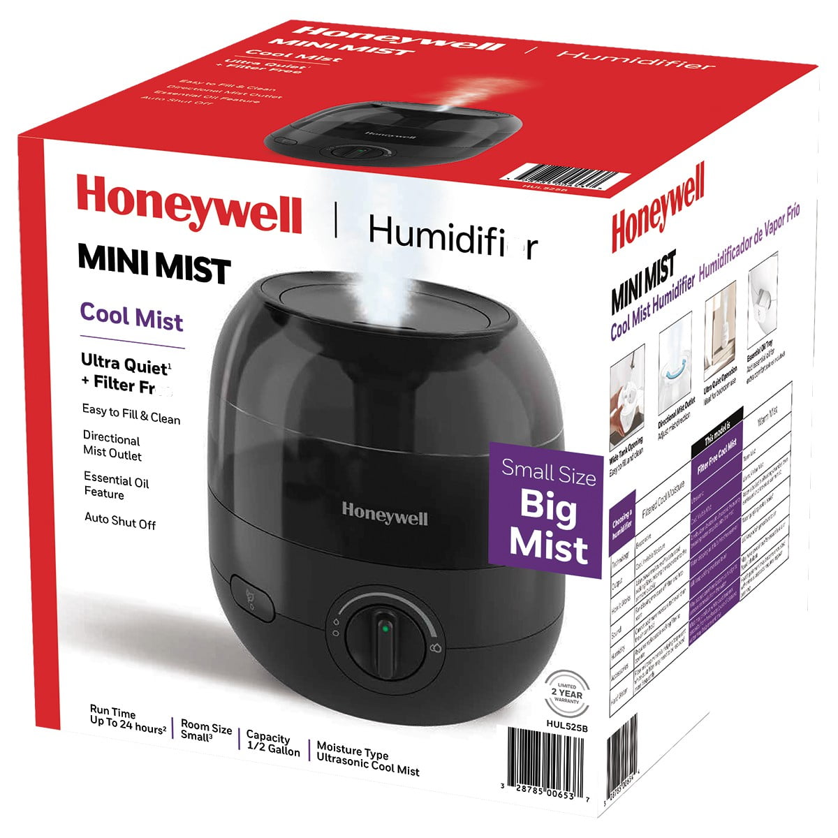 Honeywell Mini Cool Mist Humidifier, 200 sq. ft, Black, HUL525B