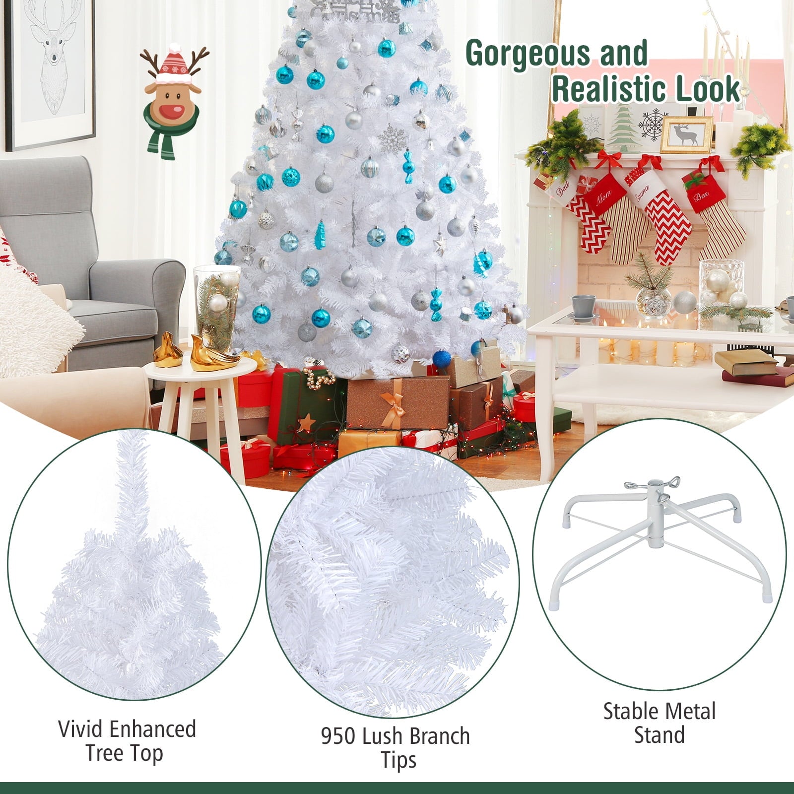 Topbuy White Unlit Full Christmas Tree, with Metal Stand Anti-Scratching Cover 7'