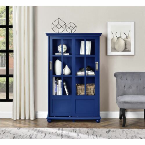 Navy Blue Barrister Glass Door Bookcase Bookshelf Wooden Cabinet Display Office
