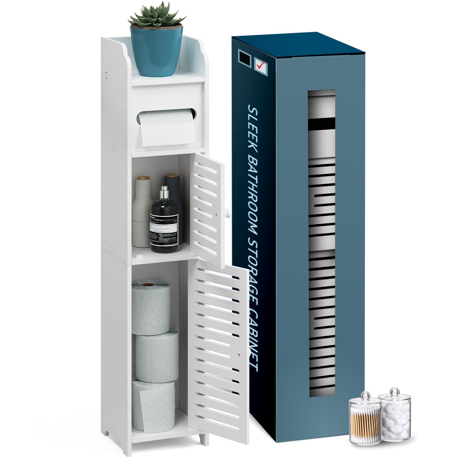 Nestl Bathroom Storage Organizer - Floor Standing with Shelves - Includes 2 Apothecary Jars - Tall Bathroom Storage Cabinet for Toilet Paper, Towel & Other Bathroom Storage Accessories - White